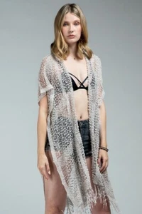 Taupefarbener Kimono mit Fransen Überwurf (One Size) - Bild 1 von 5