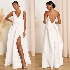 Lulus Blissfully Beloved Ivory Backless A-Line Bow Maxi Dress size Medium - Picture 1 of 8