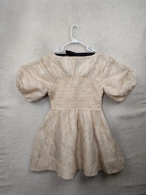 Asos Design Women Dress 12 Tan Cotton Blend Balloon Sleeve Ruched Fit Flare Mini - Image 1 of 4