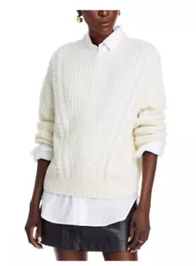 Luxurious 100% Cashmere Crewneck Cable Knit Sweater By Aqua in White Cream L - Picture 1 of 7