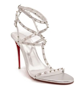 New Christian Louboutin EU 37.5 Bombina Spikes Metallic Sandal in Silver 100mm - Picture 1 of 17