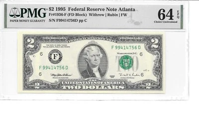 1995 $2 FRN Atlanta Hard to find FD Block PMG 64 EPQ  Choice Uncirculated - Image 1 of 4