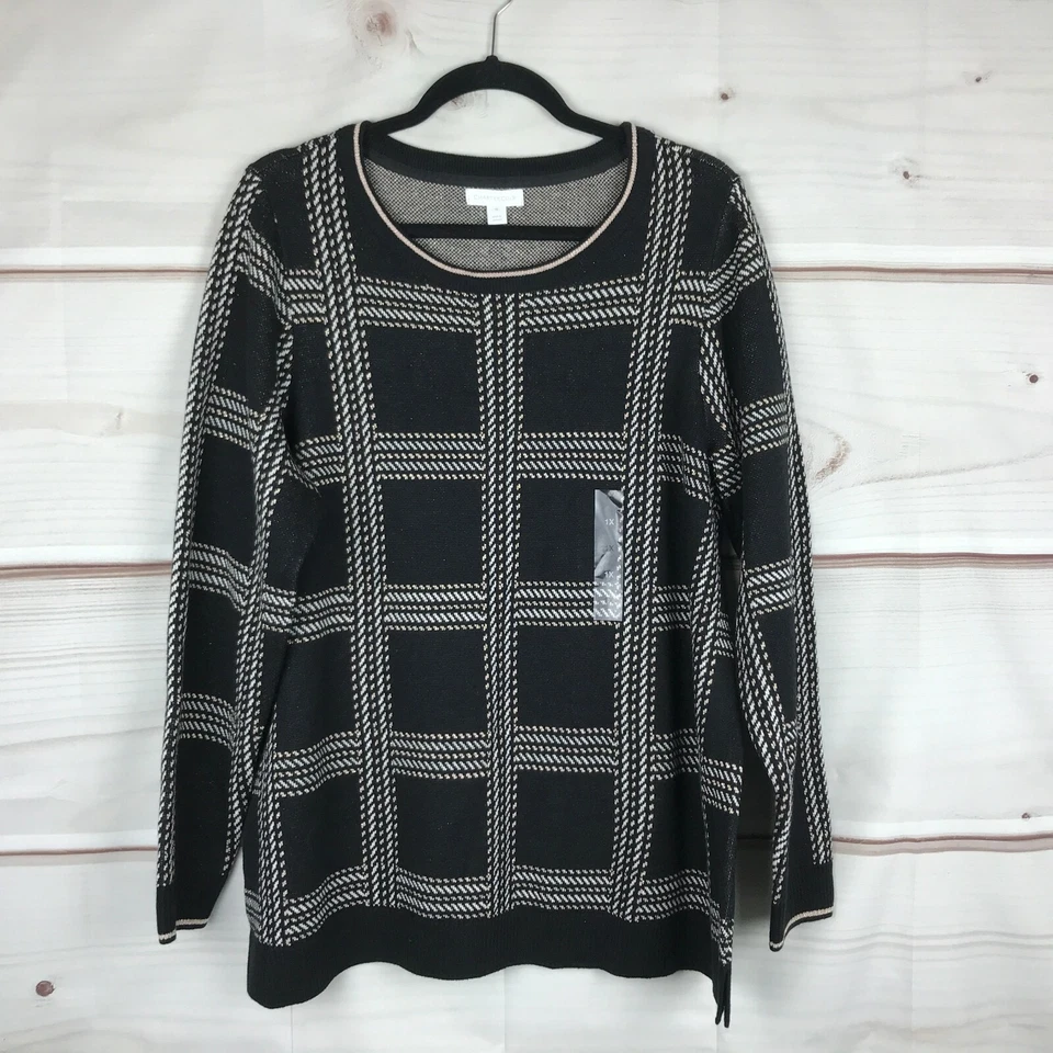 Charter Club Womens Black Plaid Metallic Shirt Sweater Top Plus 1x 2380