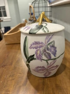 T&V Limoges Biscuit Jar With Lid And Purple Flowers Antique - Picture 1 of 8