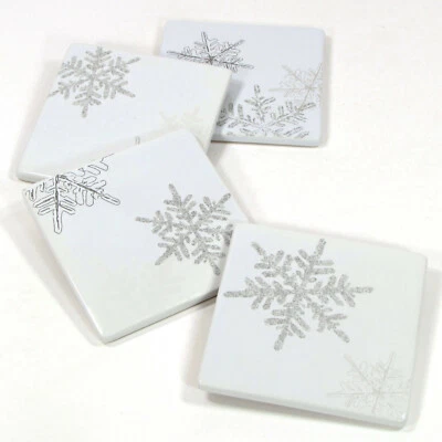 St. Nicholas Square SNOWFLAKES 4" Drink Coaster Set 4Pc White Silver Gold MIB - Image 1 of 4