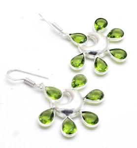 Green Peridot Gemstone 925 Sterling Silver Handmade Jewelry Earrings Size-1.50 - Picture 1 of 6