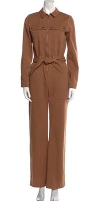 Sezane Roby Brown Cotton Blend Twill Long Sleeve Jumpsuit, Size 36 | 4 - Image 1 of 4