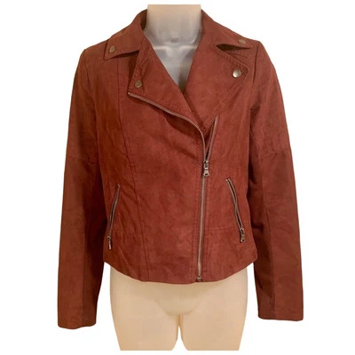 Faux Suede Leather Jacket Womens XS Burgundy Western Festival Biker Asymmetrical - Image 1 of 4