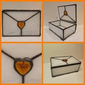 Vintage Leaded Slag Stained Glass Trinket Jewelry Box Orange Heart Hinged Lid - Picture 1 of 18