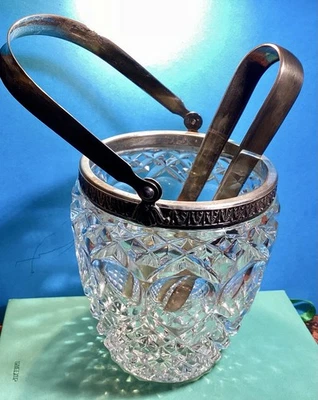 Secchiello Cristallo e Argento Per Ghiaccio Con Pinza Tutta Argento. Molto Bello - Immagine 1 di 4