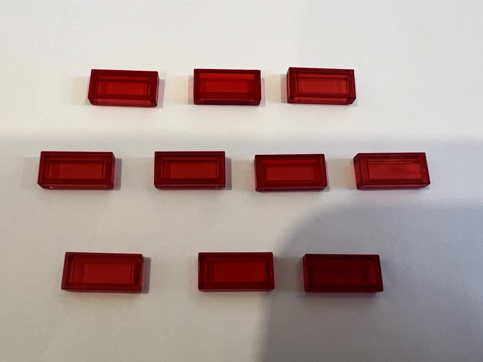 Lego Lot Of 10 Red Transparent Trans 1x2 Flat Tiles Tile Piece Part New City  - Image 1 of 1