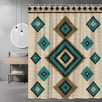 Cortina de Ducha Boho Patrón Diamante en Verde Azulado y Marrón Foto 1 de 4