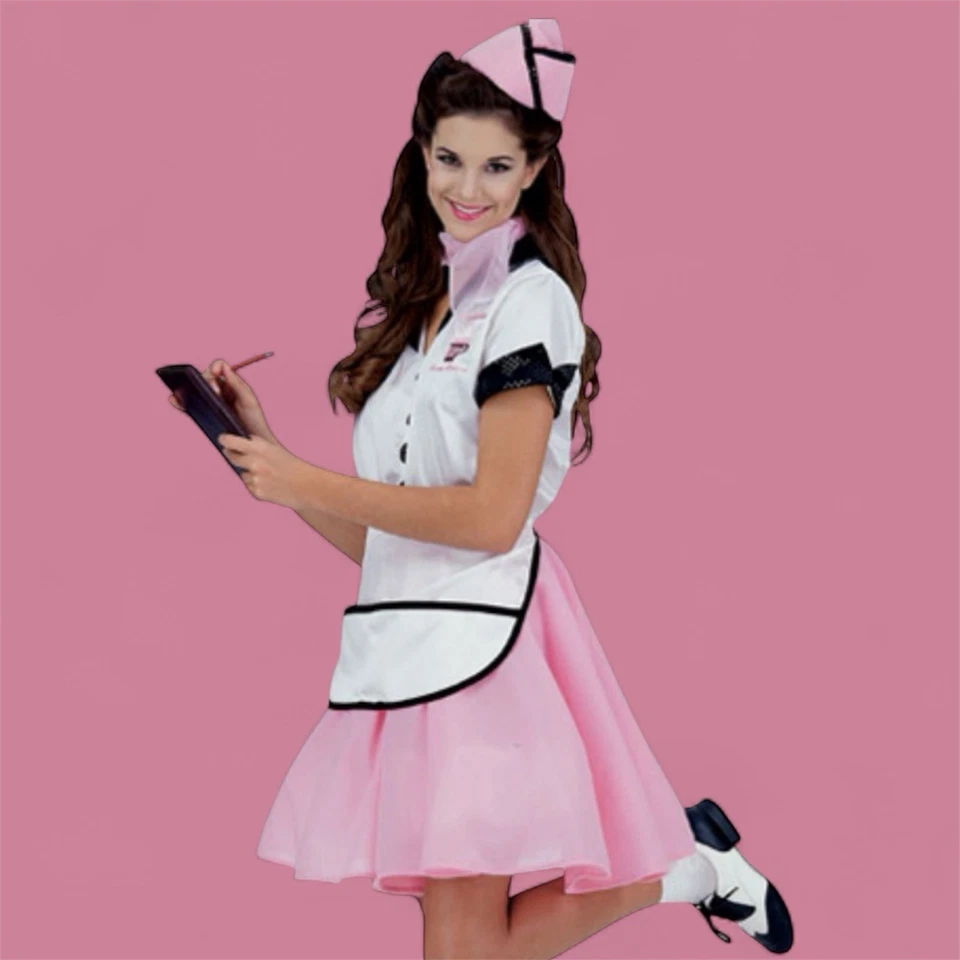Vestido de camarera Happy Days Ralphs Diner años 50 disfraz para adulto XS pequeño rosa Halloween Foto 1 de 4