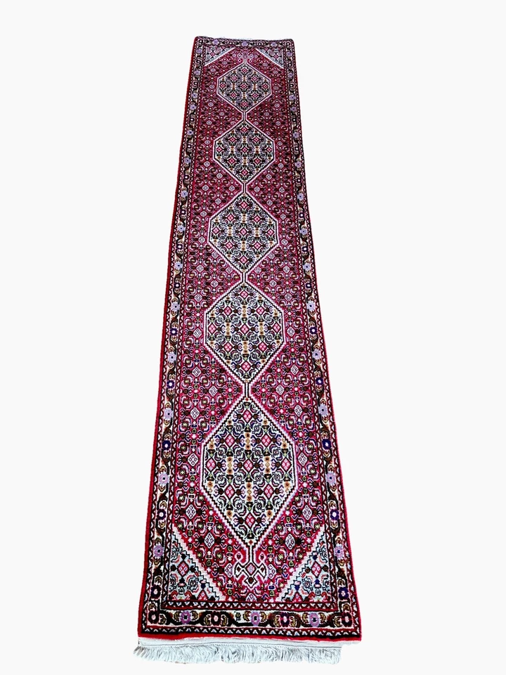 罕见 窄 2 X 9 True Bidjar Runner 地毯 Herati Mahi Scarlet Sage Sky 状况完好 — 第 1/4 张图片