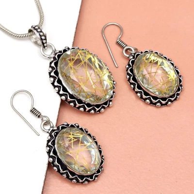 Conjunto de pendientes de oro rutilo joyería 18-20"" colgante cuarzo esterlina Foto 1 de 4