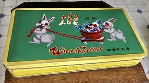 🐇 Vintage White Rabbit Candy Biscuit Tin Box Bunny Basket - Picture 1 of 1