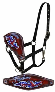 Black Nylon Bronc Halter Tooled Leather Noseband w FREEDOM FEATHER - Picture 1 of 1