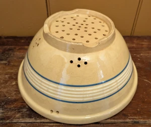 HTF RARE Antique Large 11.5" Yellow Ware Colander Blue & White 6 Band 1800's - Picture 1 of 12
