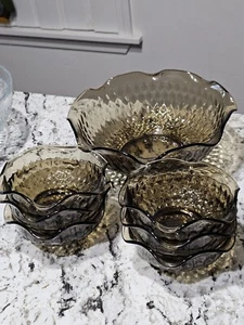 Vintage MCM Glass Serving Bowls, Ruffled, Raised Diamond Pattern, Brown 7 Piece - Picture 1 of 12