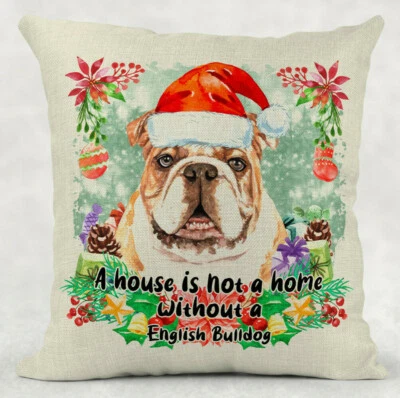 English Bull Dog Cushion Pillow Christmas Dog Pet Cushion Cover Santa Claus  - Image 1 of 2