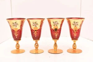 SET 4 RED Tre Fuochi Venetian Murano Iced Tea Goblets Glass 24 KT Gold ENAMEL - Picture 1 of 10