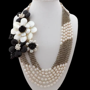 25" 6 Strands White Rice Pearl Onyx Shell Flower Statement Necklace - Picture 1 of 5