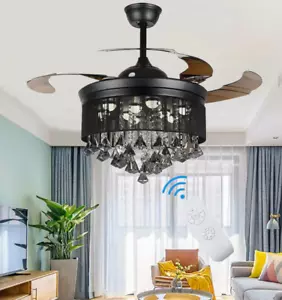 42" Black Crystal Ceiling Fan with Light Modern Chandelier Remote Retractable - Picture 1 of 12