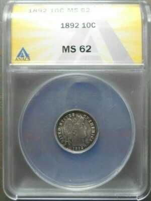 Moeda de dez centavos de barbeiro 1892 10c ANACS MS62 - Boa não circulada - Imagem 1 de 4