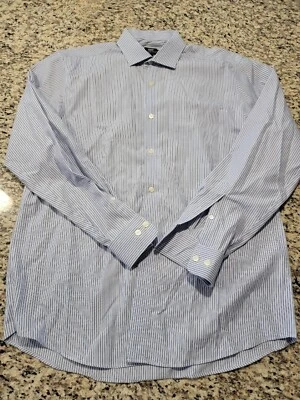 男式 Kenneth Cole 反应礼服衬衫尺寸 16.5 34-35 普通蓝色条纹 — 第 1/4 张图片