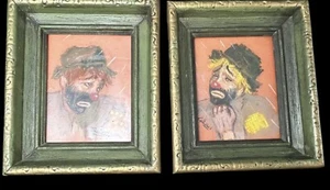 2 Sad CLOWN HOBO Original Art SIGNED Charcoal Chalk Antiqued Avocado Wood Frames - Picture 1 of 16