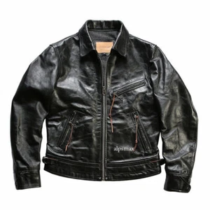 Japan Men Black Biker Jacket Leather Coat Lapel Long Sleeves Multi-pocket Coat - Afbeelding 1 van 25