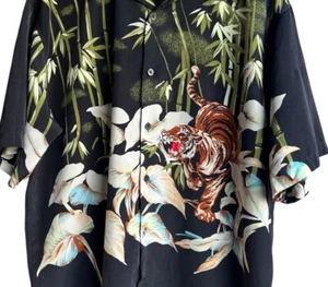 VTG Hawaiian Tiger Shirt Bamboo Jungle Forest Short Sleeve Size Medium OVERSIZED - Picture 1 of 7
