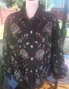 NWT New Directions Womens Button-Up Black Denim Floral Embroidered Jacket Sz XL - Picture 1 of 5