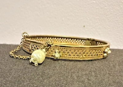 复古签名 Miriam Haskell 金色铰边手镯手链安全链 6.5 — 第 1/4 张图片