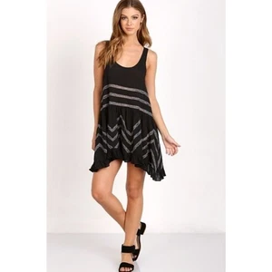 Free People Voile & Lace Trapeze Slip Black Dress Large Boho Festival Coquette - Picture 1 of 10