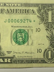 Niedrige Seriennummer Stern Schein One Dollar Schein 1 Dollar ausgefallene Seriennummer J00069274* - Bild 1 von 10