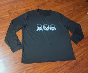 Herren 2XL schwarz Langarm drei Totenköpfe lustig Skelett Polyester Shirt neu ohne Etikett - Bild 1 von 3