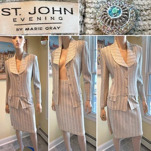 Vtg ST JOHN EVENING Large Green/Gold Sequin Stretch Bouclé Wool Knit Skirt Suit - Picture 1 of 18
