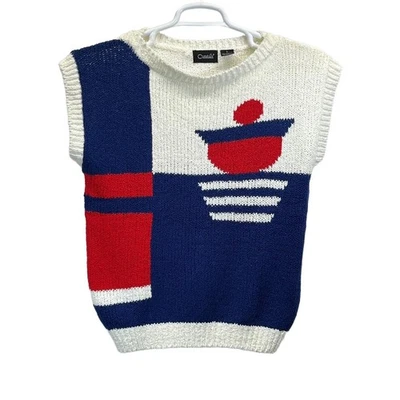 Vintage Catalina Red White Blue Womens 60s/70s Mod Geometric S/S Sweater Small - Image 1 of 4
