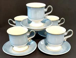 5 x Sets Vintage Denby Castile Blue Denim Stoneware Pedestal Cup & Saucer - Picture 1 of 7