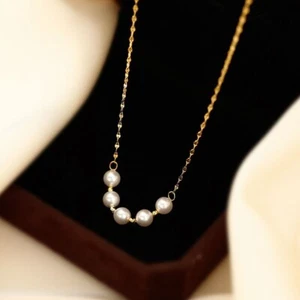 Woman 18K Gold Plated Stainless Steel Simulated Pearl Sequins Chain Necklace - Picture 1 of 3