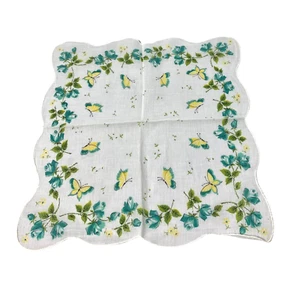 Ladies Handkerchief White Turquoise Yellow Butterflies Floral Vintage Hankie - Picture 1 of 4