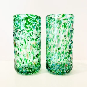 2 (two) Handblown Green Mexican Confetti Rock Tumbler Drinking Glasses 14 oz F5 - Picture 1 of 4