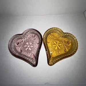 Vintage Pair Of Tiara Sandwich Glass Purple & Amber Heart Dish or Ashtray - Picture 1 of 5
