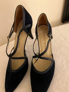 Vintage Charles Jourdan Strappy Heels, Navy Blue Suede, Leather Trim, sz 8 - Picture 1 of 11