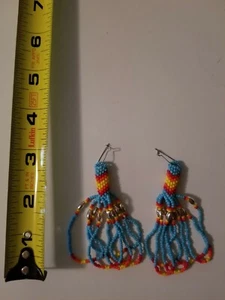 Vintage Beaded Earrings Blue Red Orange Yellow Silver Metal Hook Pierced Ears - Picture 1 of 2