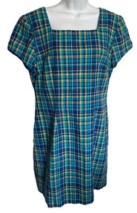 VTG Jessica Howard Plaid Sheath Dress Women’s 12 Blue Green Causal Wear Linen - Picture 1 of 18