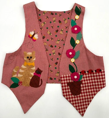 Kitty Kats Childrens Handcrafted Reversible Novelty Vest Large Red Check Cotton - Image 1 of 4