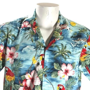 Aloha Republic Hawaiian Shirt Large Parrots Palms Hibiscus Flowers Blue Pink - Picture 1 of 8