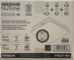 Broan PTEL511RK Evolve Exhaust Fan with Light, 50-80-110 Selectable CFM - Picture 1 of 4